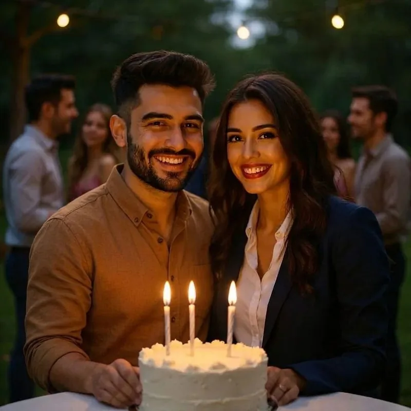 The couple posing behind a birthday cake
