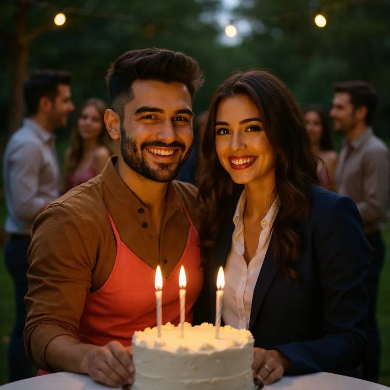 The couple posing behind a birthday cake