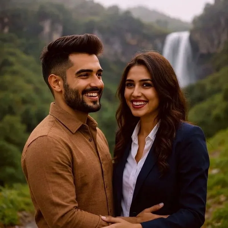 The couple in front of a misty waterfall