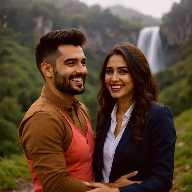 The couple in front of a misty waterfall