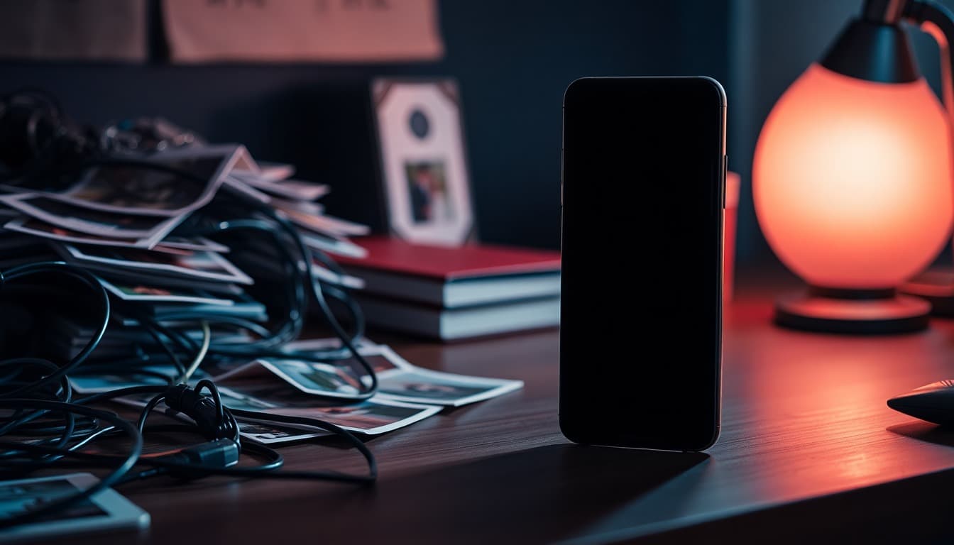 Clean phone gallery beside a messy stack of printed photos on a dark desk