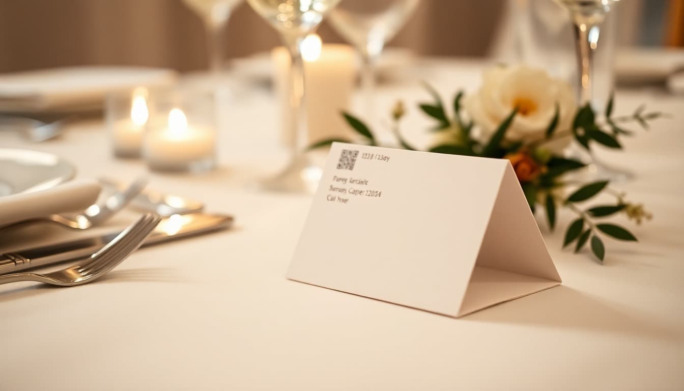 Elegant wedding place card with a QR code on a candlelit reception table