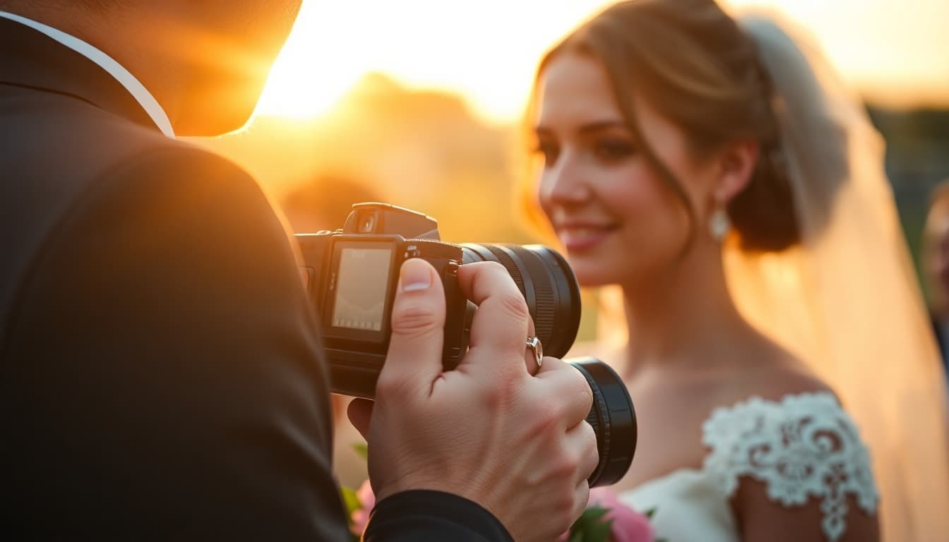 Wedding photographer capturing the couple during golden hour