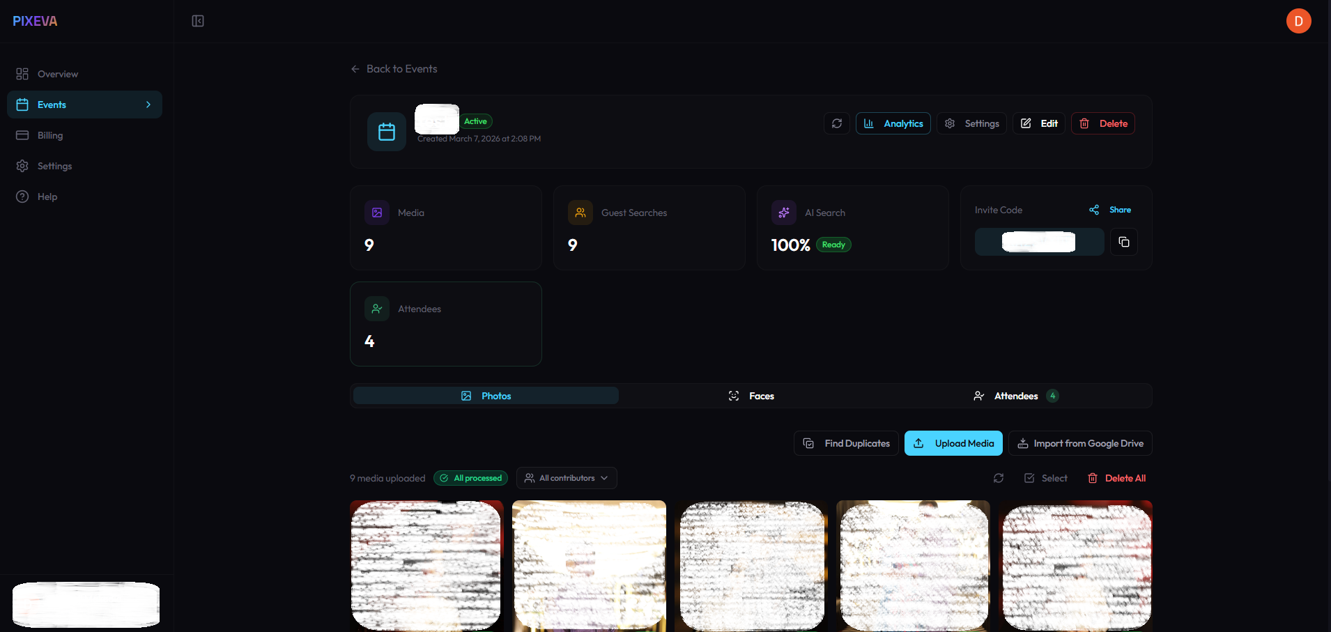 Event detail page with photos, stats and invite code