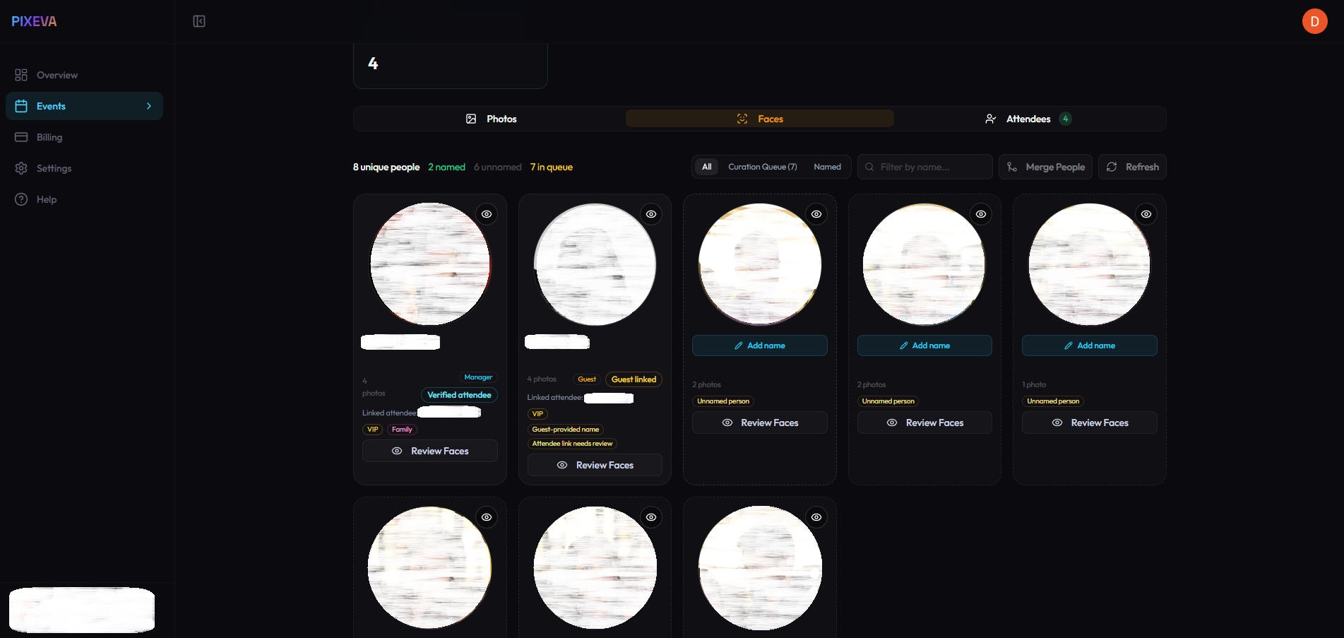 Face grouping view showing named people albums with review options